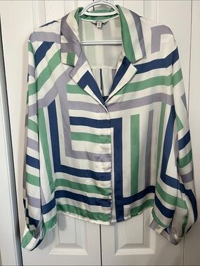 Reitmans Striped Button-Up Top in White, Navy & Green - XXL